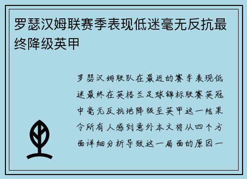 罗瑟汉姆联赛季表现低迷毫无反抗最终降级英甲